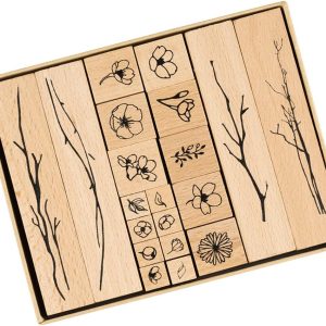 20Pcs Vintage Wooden Mounted Rubber Stamps Plant and Flower Decorative Wood Rubber Stamp Set for Art and DIY Craft Card Letter Making Scrapbooking