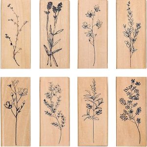 Dizdkizd 8 Pieces Vintage Wooden Rubber Stamps, Plant & Flower Decorative Mounted Rubber Stamp Set for DIY Craft, Letters Diary and Craft Scrapbooking